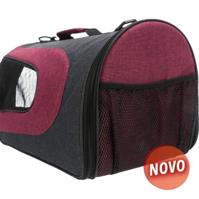 Bolsa transportadora de animais cinzenta e bordô com rede preta e etiqueta NOVO