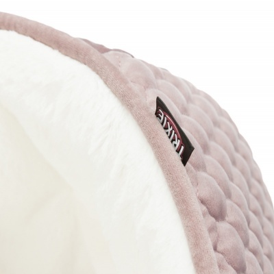 Cama acolchoada para animais com tecido rosa claro e interior branco felpudo