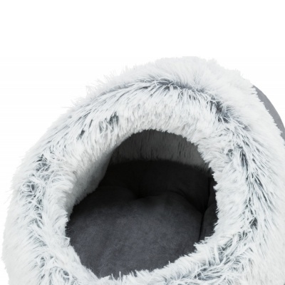 Cama para animais em forma de toca cinzenta com interior felpudo