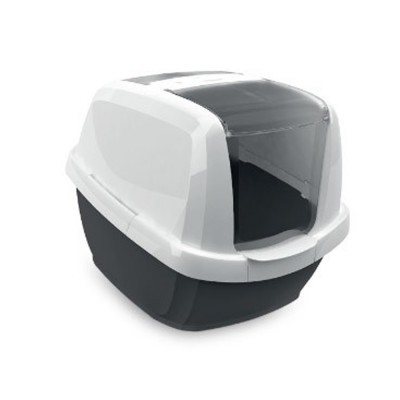 Caixa de areia para gatos preta e branca com entrada frontal cinza.