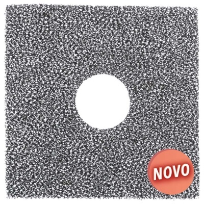 Lâmina quadrada preta com textura rugosa e buraco circular ao centro com selo 'NOVO'