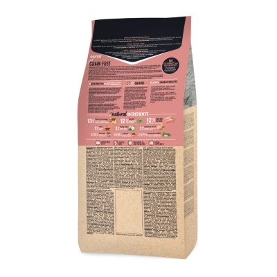 Embalagem de ração para animais com texto em inglês e design em rosa, bege e preto