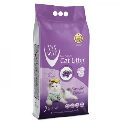 Embalagem roxa e branca de areia para gatos Van Cat com imagem de gato e texto informativo
