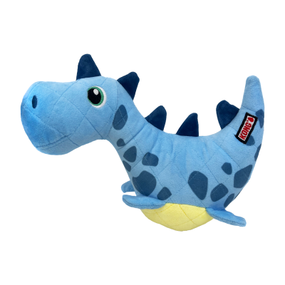 Pelúcia de dinossauro azul com manchas cinzentas e etiqueta KONG