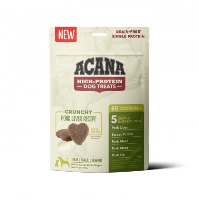 Embalagem do snack para cães Acana High-Protein com receita de fígado de porco