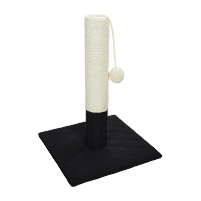 Arranhador para gatos com base preta e poste branco com bola pendurada