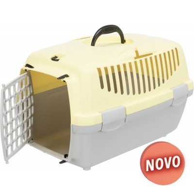 Transportadora para animais em plástico cinza e amarelo claro com porta branca e pega preta
