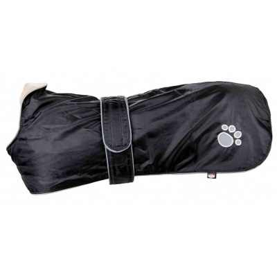 Casaco preto para cão com fecho de velcro e estampa de pata