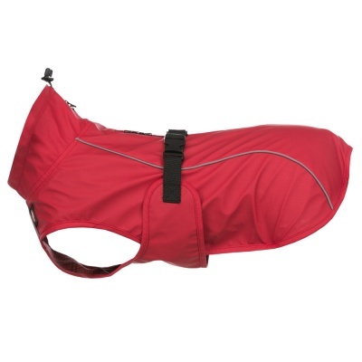 Capa impermeável vermelha para cão com alças pretas e refletoras cinza