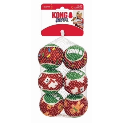 Pack de seis bolas para cães da marca KONG com padrões e cores variadas, embaladas em rede branca.