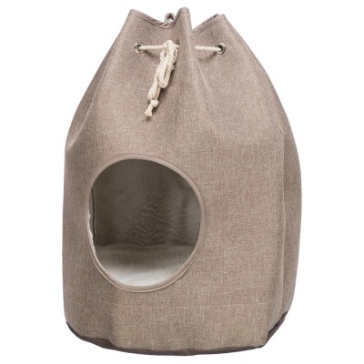 Bolsa-cama para animais de estimação bege com abertura circular e cordão branco no topo