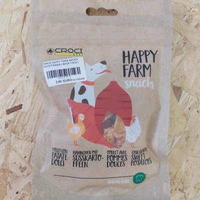 Pacote de snacks Croci Happy Farm para cães com imagem de cachorro e galinhas