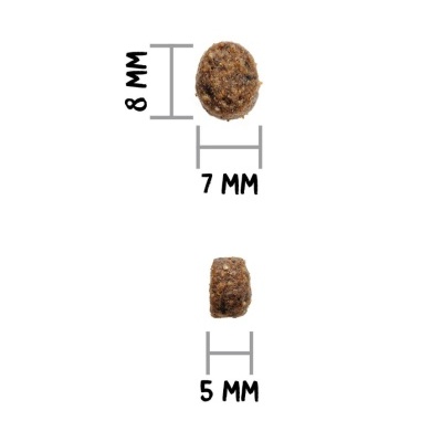 Pequeno produto castanho granular com medidas de 8x7x5 mm