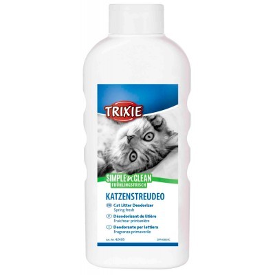 Frasco branco com rótulo de desodorizador para areia de gatos Trixie Simple & Clean