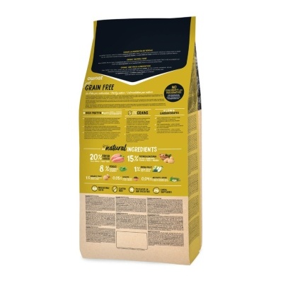 Saco de ração para animais com design amarelo, preto e bege e texto informativo