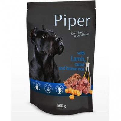Embalagem preta de comida para cães da marca Piper com texto e imagem de cão
