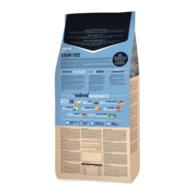 Saco de ração para animais com texto Grain Free e ingredientes naturais