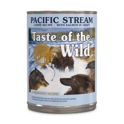 Lata de comida para cães Taste of the Wild Pacific Stream com ilustrações de animais selvagens