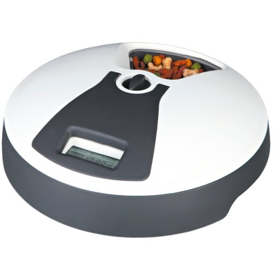 Balança digital redonda branca e cinzenta com visor e compartimento para ração colorida