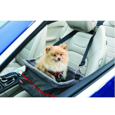 Cadeirinha para cão cinzenta com faixa vermelha num banco dianteiro de carro bege claro com cão sentado