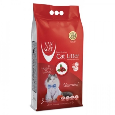 Saco vermelho de areia para gatos VAN CAT com imagem de gato branco e texto explicativo