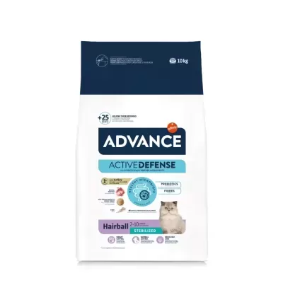 Saco de ração para gatos Advance Active Defense Hairball Sterilized 10 kg