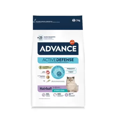 Saco de ração para gatos Advance Active Defense Hairball sterilized 3 kg