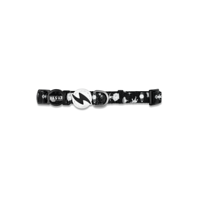 Coleira preta com padrões brancos e fecho plástico para animais