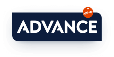 Logótipo Advance azul escuro com círculo laranja Affinity