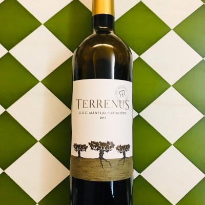 Garrafa de vinho Terrenus 2017 com rótulo branco e fundo de azulejos verde e branco.