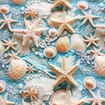 Conchas e Estrelas em fundo  Azul 3D - D09