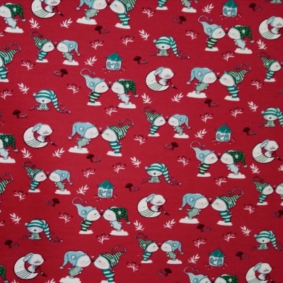 Tecido Jersey com ratinhos em fundo vermelho