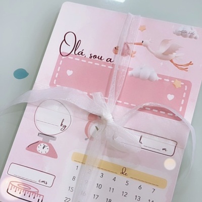 Bloco rosa com ilustrações de cegonha, balança e calendário, texto em português, amarrado com laço branco