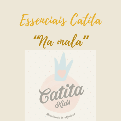 Logotipo Catita Kids com coroa azul e texto 'Essenciais Catita Na mala' em dourado