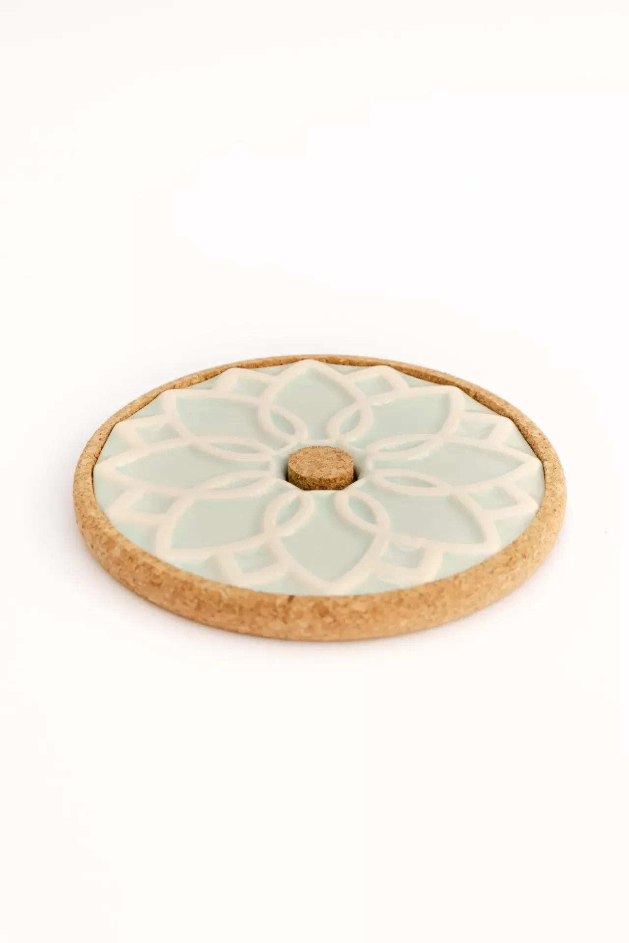 Suporte redondo para copos ou panelas em cortiça e azulejo floral