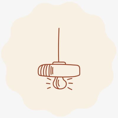 Desenho de candeeiro pendente com lâmpada simples castanha em fundo bege claro