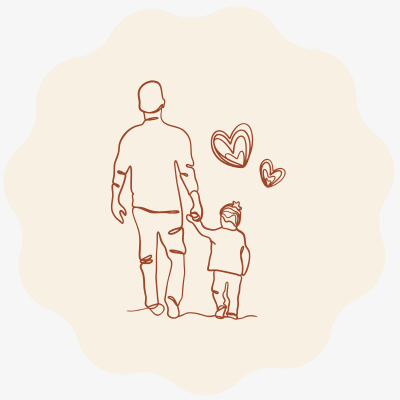 Desenho linear de um adulto e uma criança de mãos dadas com corações no fundo bege