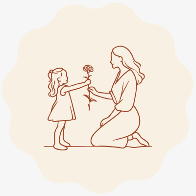 Desenho minimalista de criança a dar flor a mulher ajoelhada