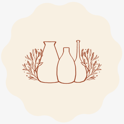 Ilustração de três jarras e ramos florais em tom castanho claro sobre fundo creme