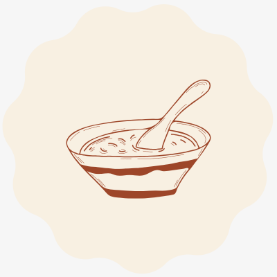 Desenho de tigela castanha com sopa e colher sobre fundo bege