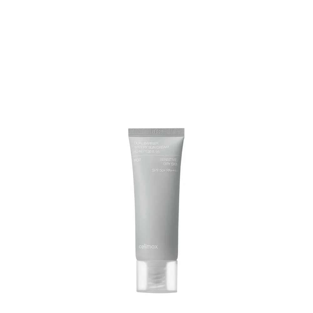 Celimax – Dual Barrier Watery Sun Cream SPF50+ PA++++, 40ml Frasco cinza de creme para o sol celimax com texto branco e tampa transparente.