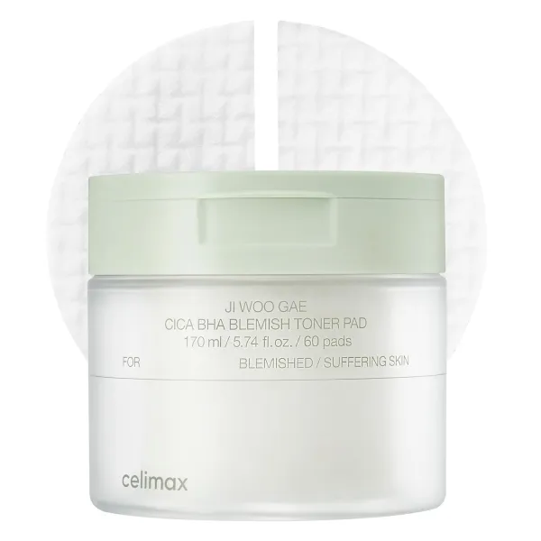 Toner Pads - Almofada de toner para manchas Ji Woo Gae Cica BHA, 60 unidades Frasco branco com tampa verde clara de discos de tónico para pele com manchas