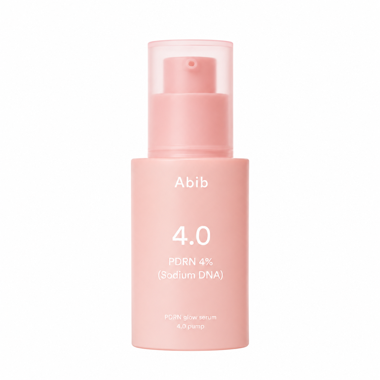 Abib – PDRN Glow Serum 4.0 com pump, 30ml Frasco de sérum rosa fosco com doseador e texto branco