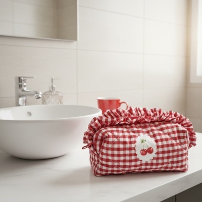 Necessaire de tecido vermelho e branco com padrão xadrez e cerejas decorativas.