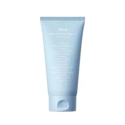 frasco azul claro de espuma de limpeza facial Abib com texto branco