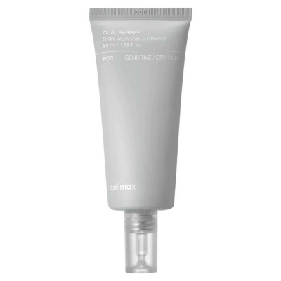 Frasco cinza claro de creme para pele com texto branco