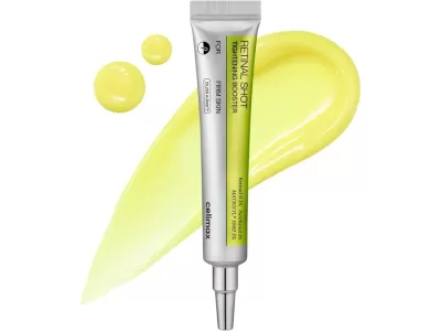 Tubo de creme prateado e verde RETINAL SHOT TIGHTENING BOOSTER com manchas amarelas de creme no fundo