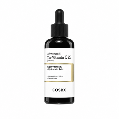Frasco preto com conta-gotas e rótulo branco de sérum Advanced The Vitamin C 23 da COSRX