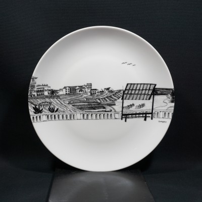 Prato branco decorado com paisagem rural em desenho preto