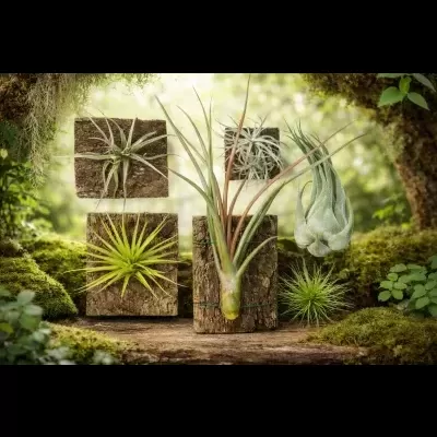 Várias tillandsias em suportes naturais num ambiente verdejante A Força da Natureza